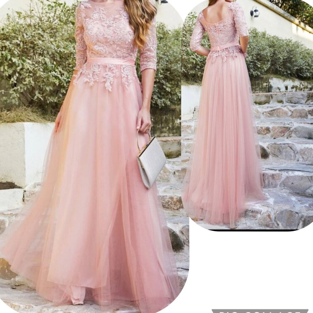 Babyonline Pink Lace Dress Rose Tulle Modest Dress Prom Party Dress Size 6
